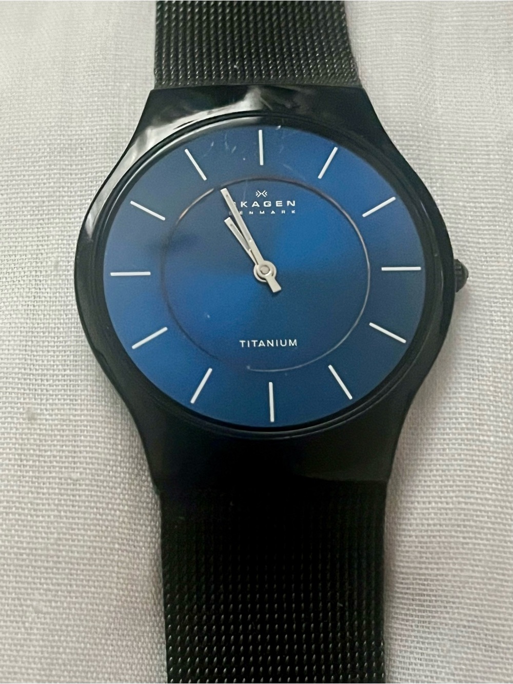Skagen Blue Dial Titanium Watch with Black Mesh Strap